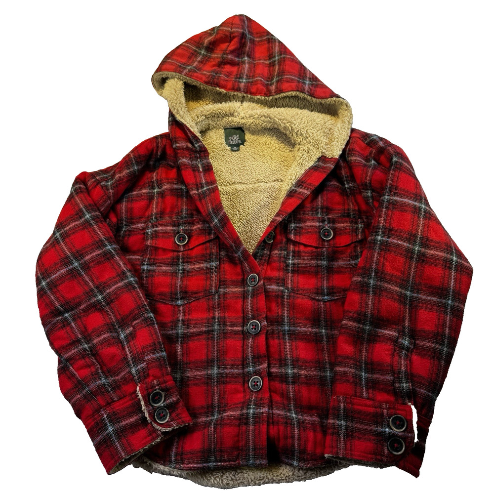 Wild Fable Women’s Red/Black Plaid Hooded Sherpa-Lined Button Shacket XS